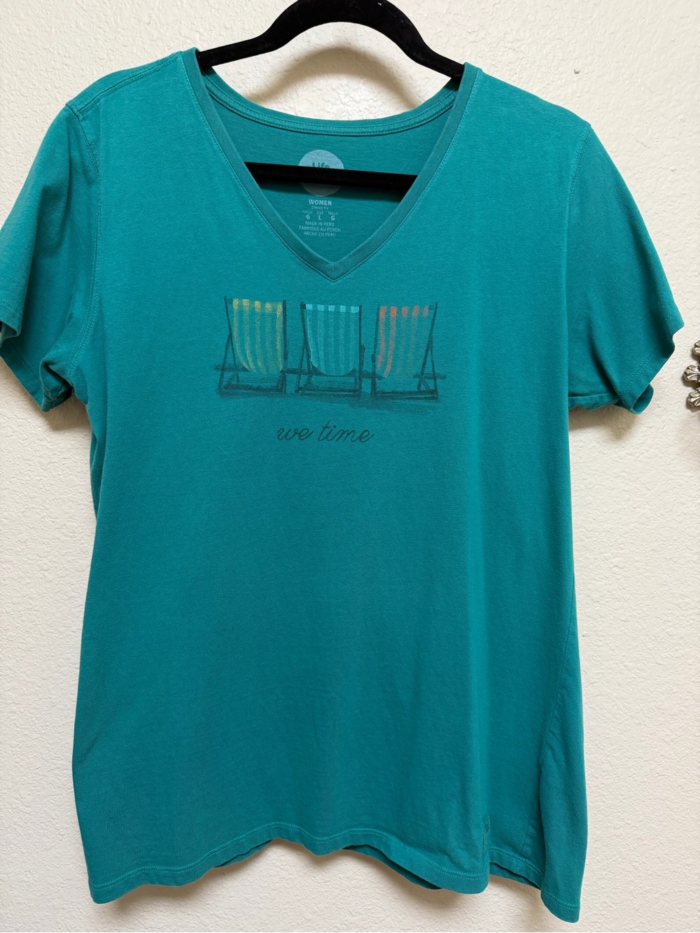 Life Is Good Women's Teal V-Neck Tee with “We Time” Beach Chair Graphic-L